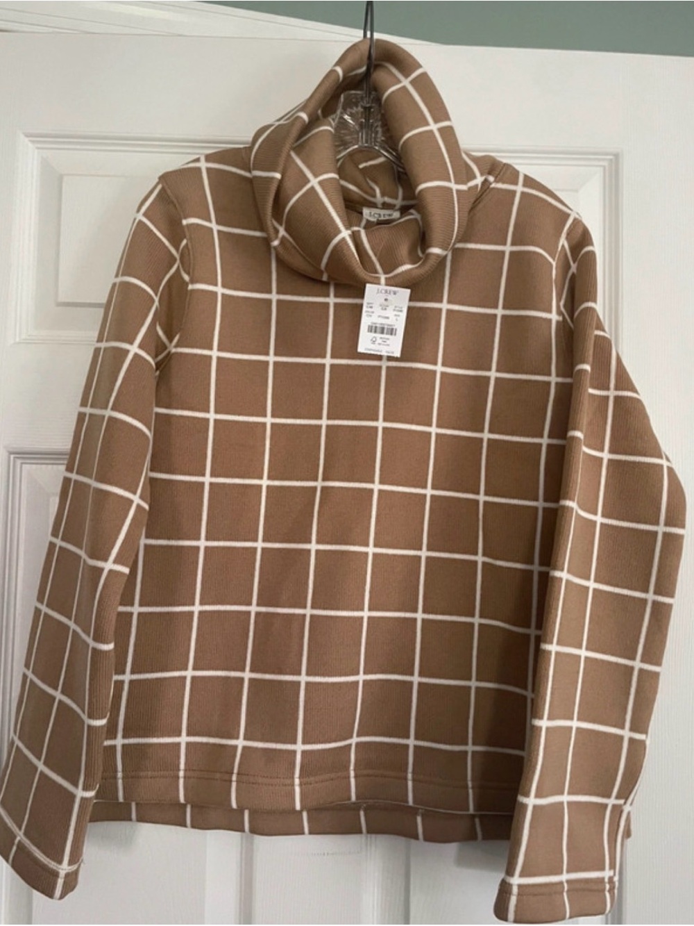 J. Crew Camel and White Grid Turtleneck Sweater